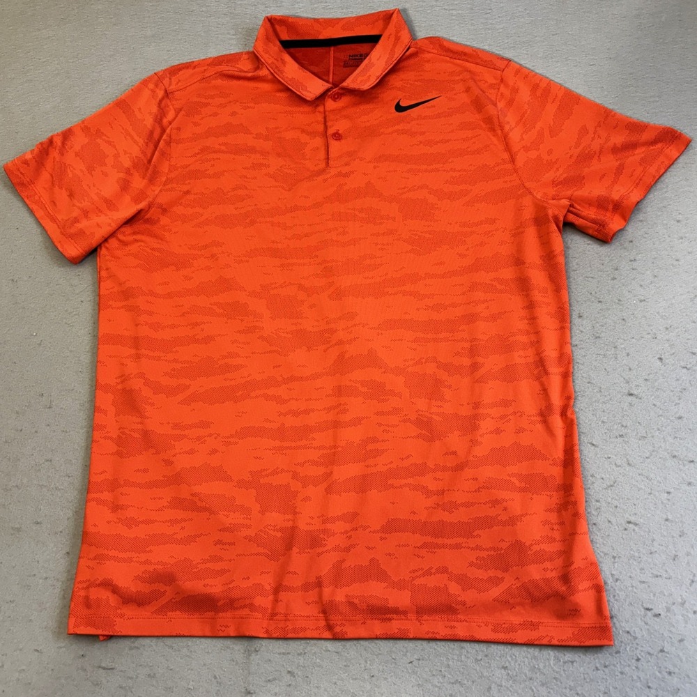 Nike Golf Polo Shirt Mens Large Camo Orange Dri-FIT Tiger Stripe Casual Golfing